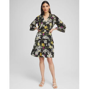NWOT CHICO'S Botanical Ruffle Bell Sleeve Dress Sz 6 Black Green White Yellow